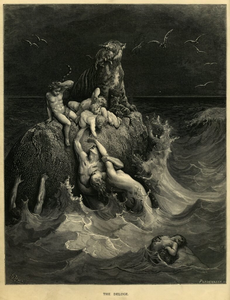 Black and white wood engraving: in a storm-tossed sea, a tiger sits on top of the last rock above the waves with a cub in its jaws, while naked children lie on the rock below it and two adults cling to its side, reaching upward; at the lower right a figure in the waves holds up a small child, and birds circle in the dark sky.