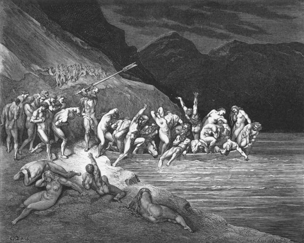 Black and white wood engraving: on a dark river bank beneath steep mountains, a crowd of naked souls presses towards the water, and among them Charon raises his oar high over his head to strike; more souls lie and crouch on the rocks in the foreground.