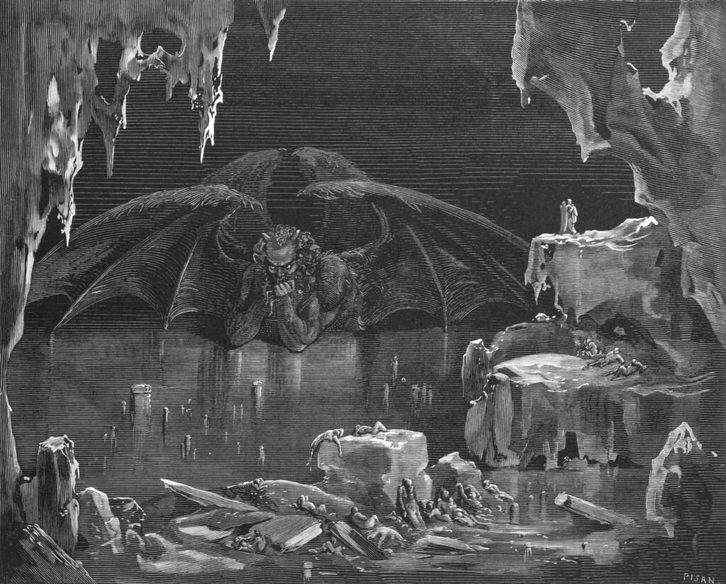Black and white wood engraving: the giant horned Lucifer, his vast bat-like wings spread behind him, is frozen in a lake of ice up to his chest, his chin resting on his hands; icicles hang from the cavern walls, sinners lie trapped in the ice in the foreground, and two tiny figures stand on an ice ledge at the right.
