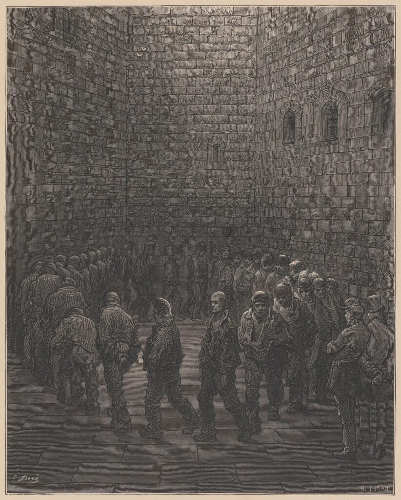 Black and white wood engraving: prisoners walk in a slow circle in a deep prison yard enclosed by high brick walls, watched by two guards in hats at the right.