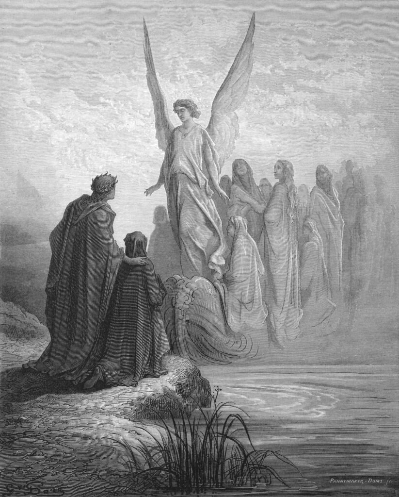 Black and white wood engraving: two poets seen from behind, one wearing a laurel wreath and one hooded, stand on a rocky shore as a tall winged angel arrives over the misty water with a crowd of robed souls; reeds grow in the foreground.