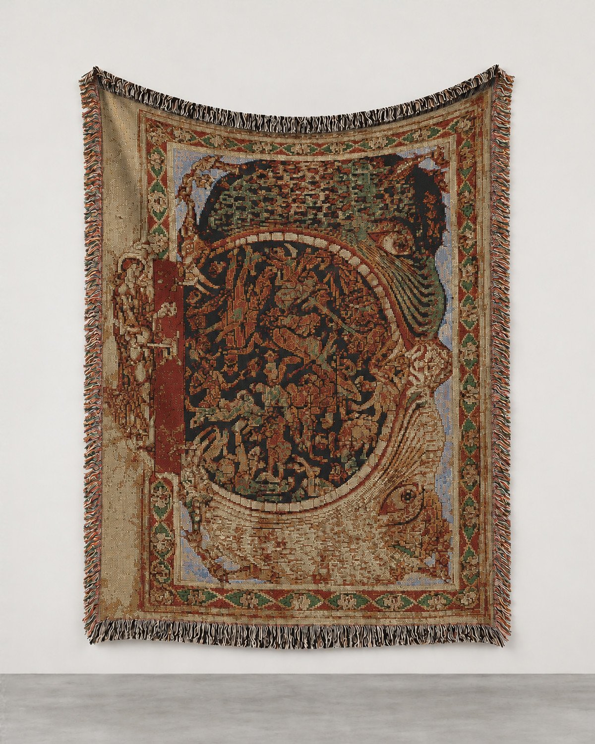 The Mouth of Hell woven blanket hung on a white gallery wall: a medieval page with an angel locking the jaws of Hell inside an ornate border.