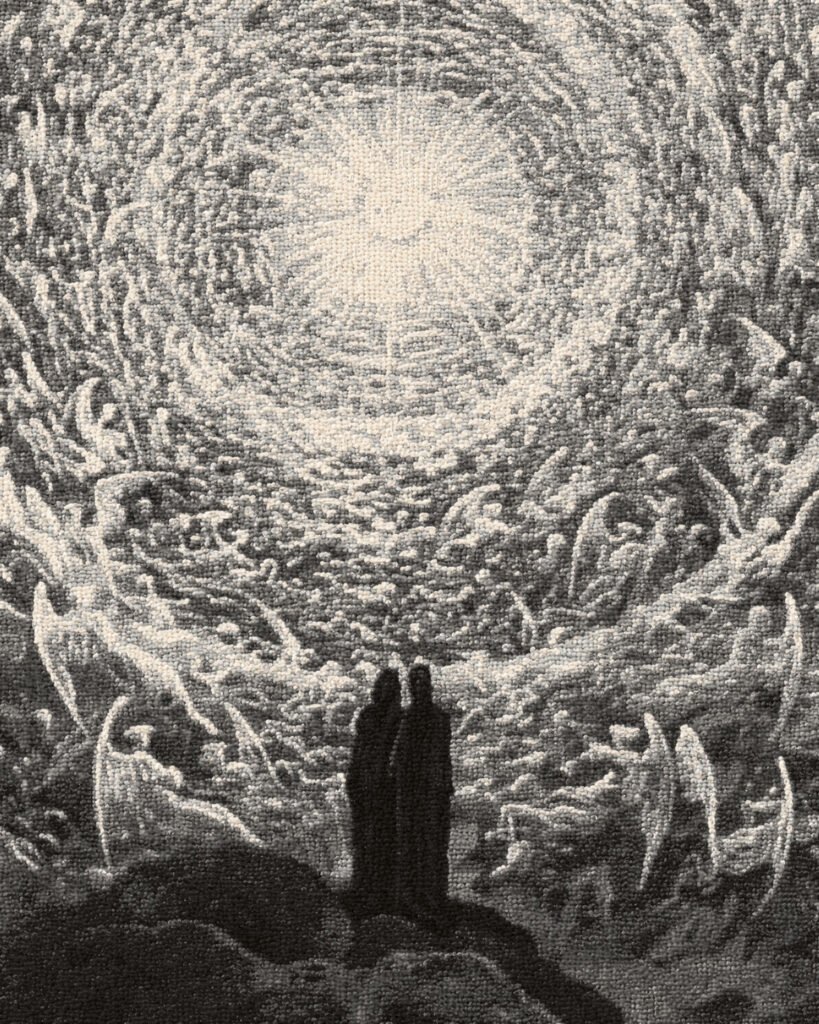 Close-up of the woven cotton Paradiso blanket after Gustave Doré. Two small robed figures, seen from behind, face rings of winged angels around a point of light, in grey and cream threads.