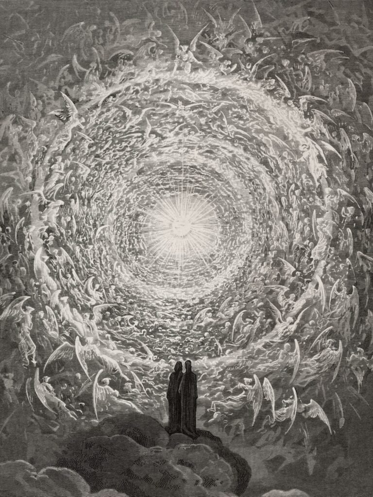Grey wood engraving: rings of white winged angels circle a bright point of light, like a great funnel, above two small dark figures standing on a rock.