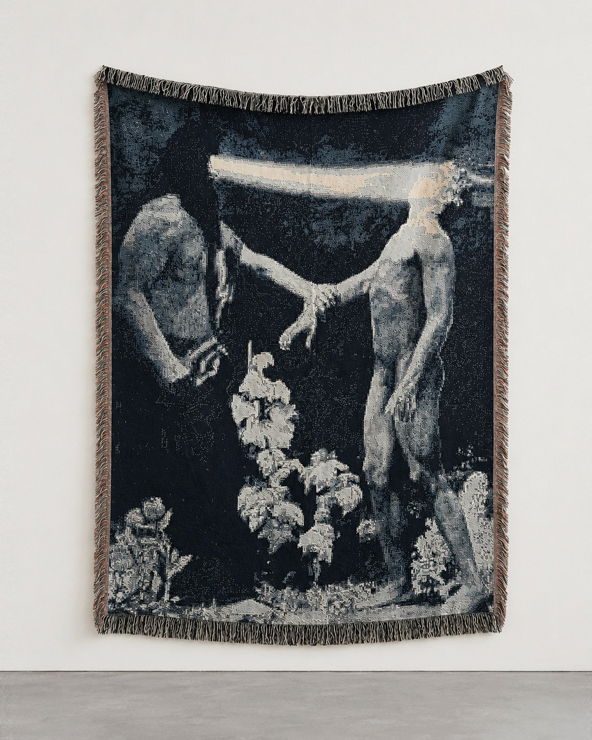 Hypnosis woven blanket hung on a white gallery wall: two figures joined by a beam of light, white flowers below.
