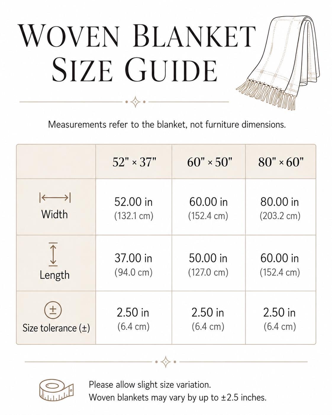 Size guide: 52 × 37 in, 60 × 50 in and 80 × 60 in; sizes may vary by up to 2.5 in.