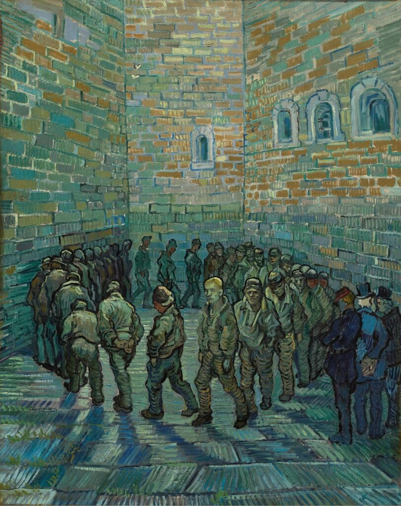Van Gogh's painted copy of the same scene in blues and greens: prisoners walk in a circle in a high-walled yard, watched by men standing at the right.
